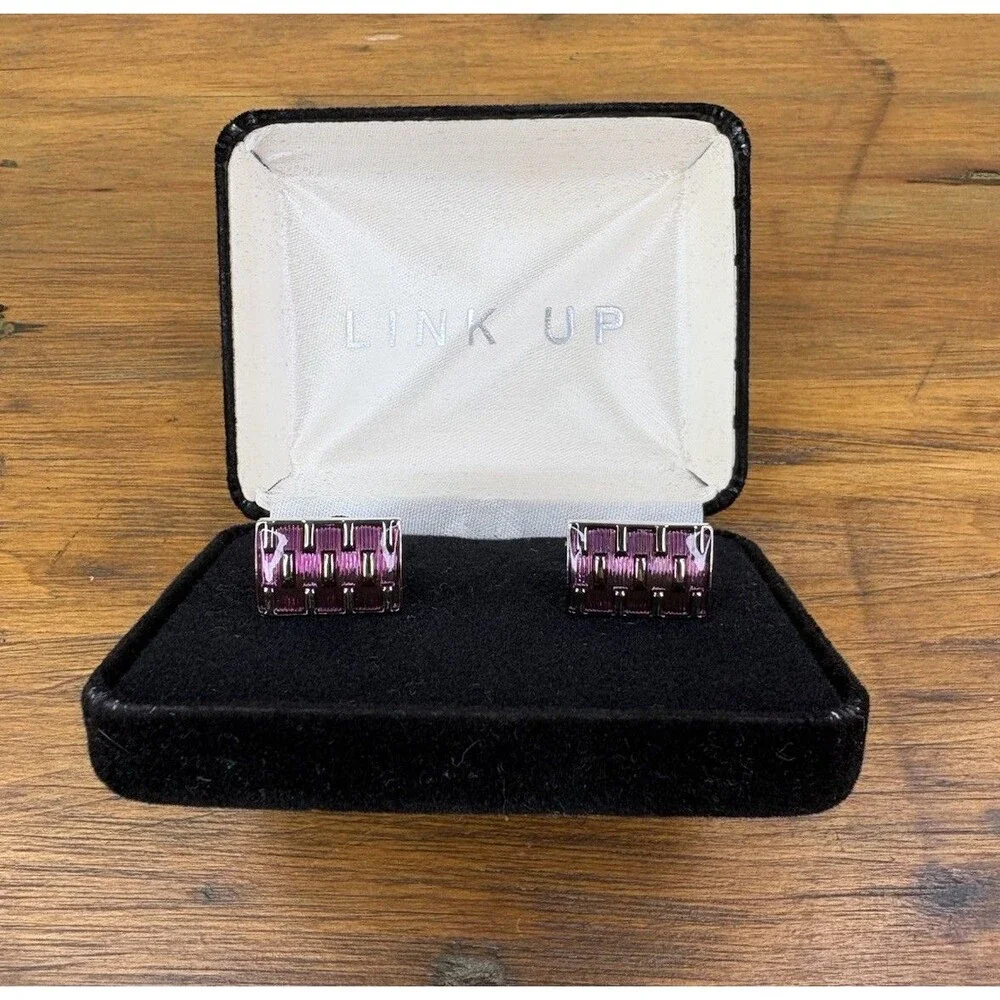 LINK UP Men's Cufflinks Purple Enamel Silver Tone Cage Grid Woven Boxed Vintage
